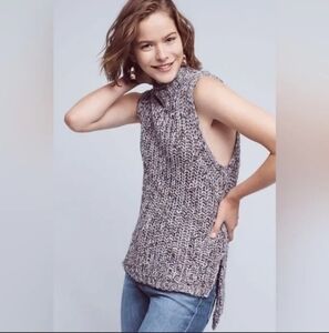 Anthropologie Moth Sweater Vest Womens M Mock Neck Sleeveless Knit Gray Ribbed